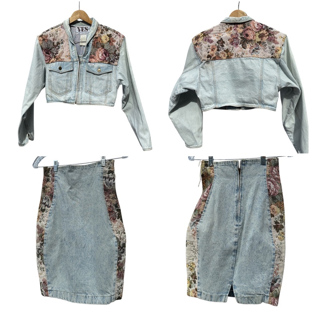 1990s, Vintage Denim Jacket Skirt Set, Cropped Tapestry Floral, YES Brand, Small